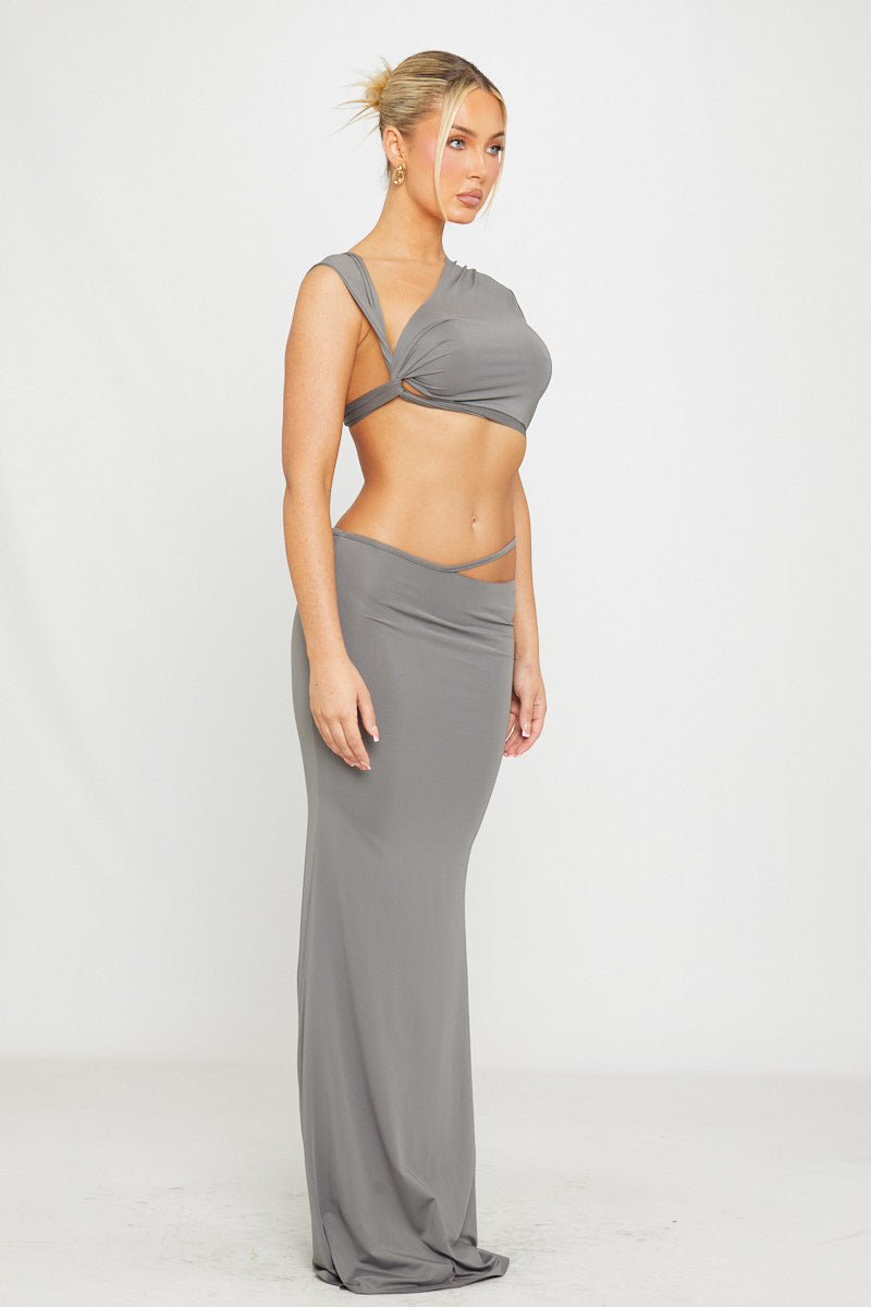 Valantomode | Chic Grey Twist Strap Crop Top & Cut Out Maxi Skirt Set
