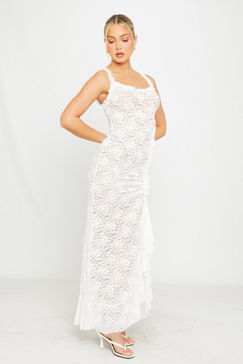 Valantomode | Elegant White Sheer Lace Maxi Dress with Thigh Split