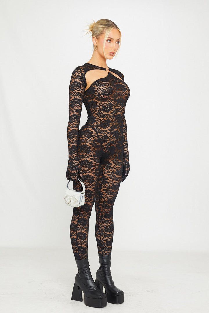 Valantomode | Elegant Black Sheer Lace Cut-Out Jumpsuit & Gloves Set
