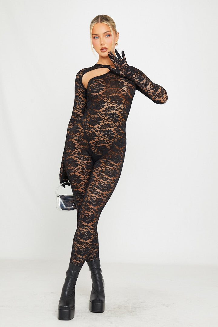Valantomode | Elegant Black Sheer Lace Cut-Out Jumpsuit & Gloves Set