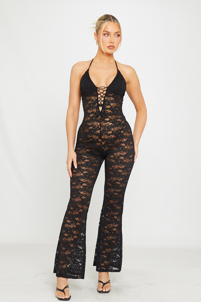 Valantomode | Elegant Black Sheer Lace Flared Jumpsuit with Tie Front