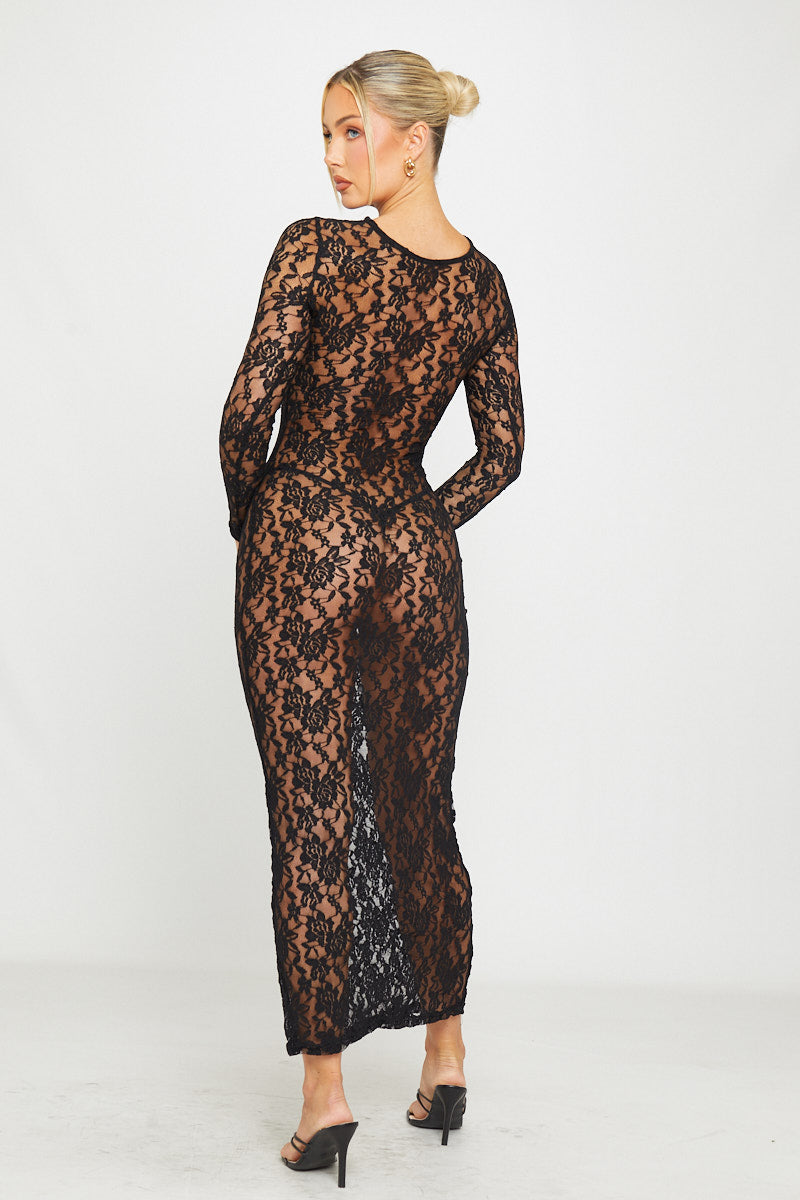 Valantomode | Elegant Black Sheer Lace Bodycon Maxi Dress with Long Sleeves