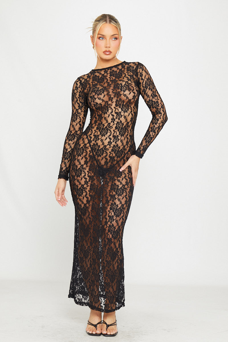 Valantomode | Elegant Black Sheer Lace Bodycon Maxi Dress with Long Sleeves