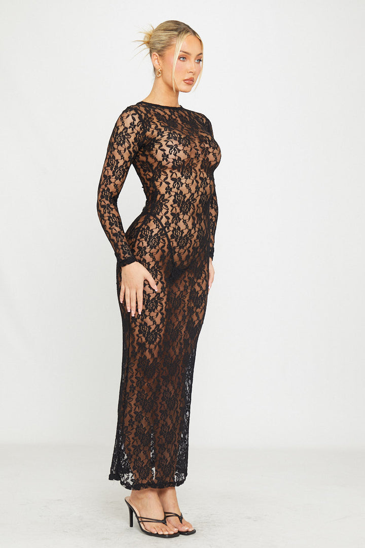 Valantomode | Elegant Black Sheer Lace Bodycon Maxi Dress with Long Sleeves