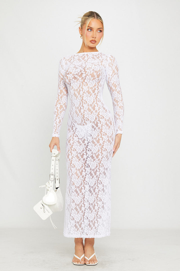 Valantomode | Elegant White Sheer Lace Long Sleeve Maxi Dress