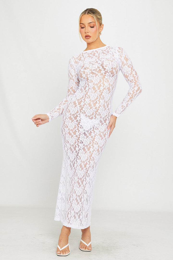 Valantomode | Elegant White Sheer Lace Long Sleeve Maxi Dress