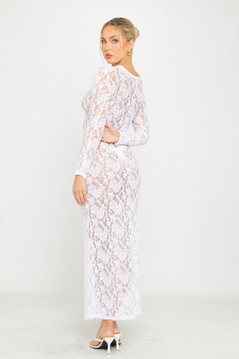 Valantomode | Elegant White Sheer Lace Long Sleeve Maxi Dress