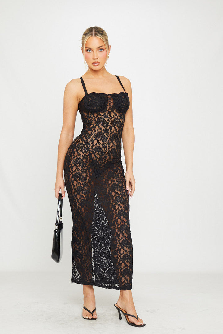 Valantomode | Elegant Black Sheer Lace Strappy Maxi Dress