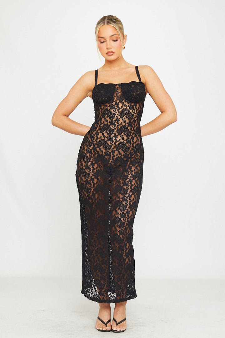 Valantomode | Elegant Black Sheer Lace Strappy Maxi Dress