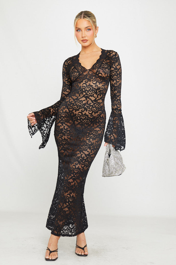 Valantomode | Elegant Black Sheer Lace Maxi Dress with Flared Sleeves