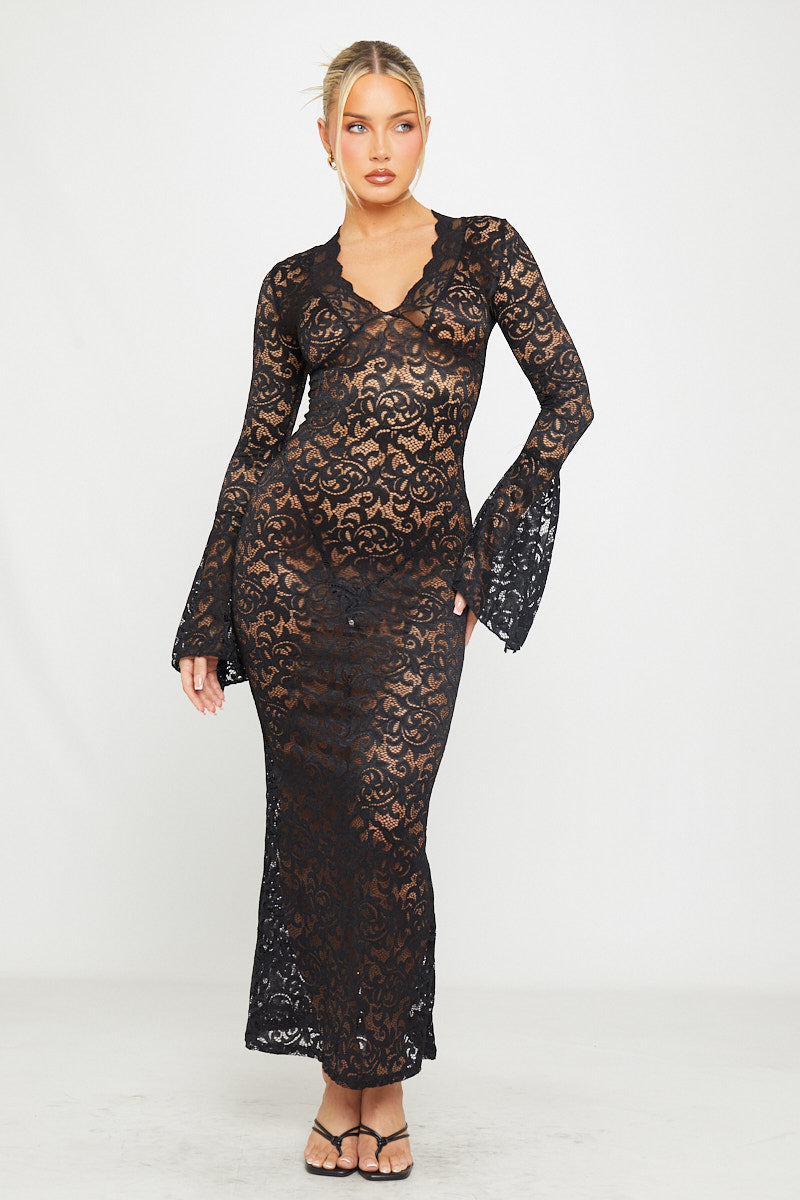 Valantomode | Elegant Black Sheer Lace Maxi Dress with Flared Sleeves