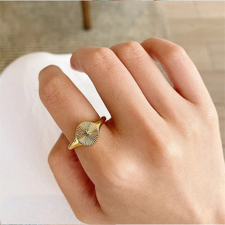 Valantomode | Plated Brianna Sunburst Ring with Radial-Etched Circular Architecture