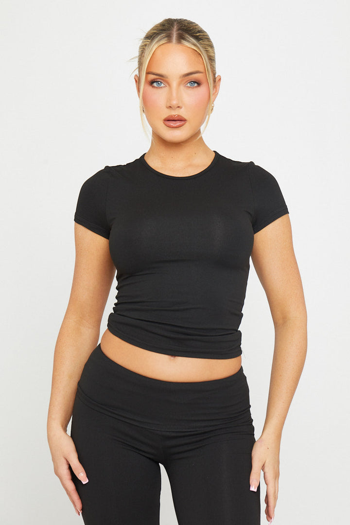Valantomode | Chic Black Flared Leggings & Short Sleeve Top Set