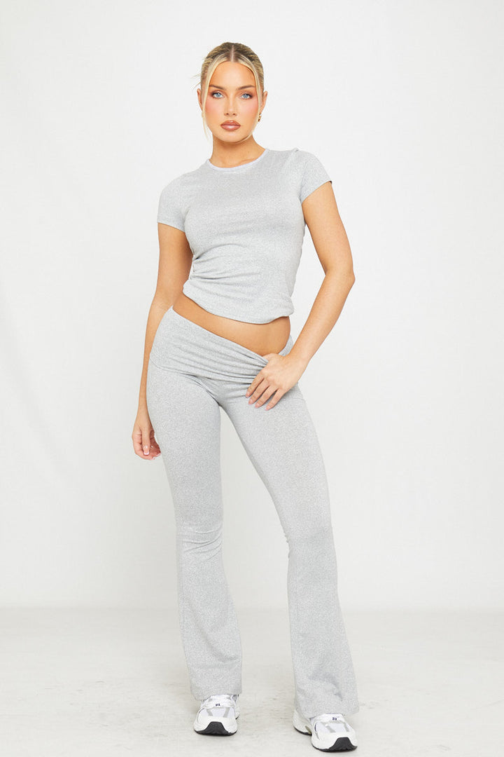 Valantomode | Light Grey Flared Leggings & Short Sleeve Top Set