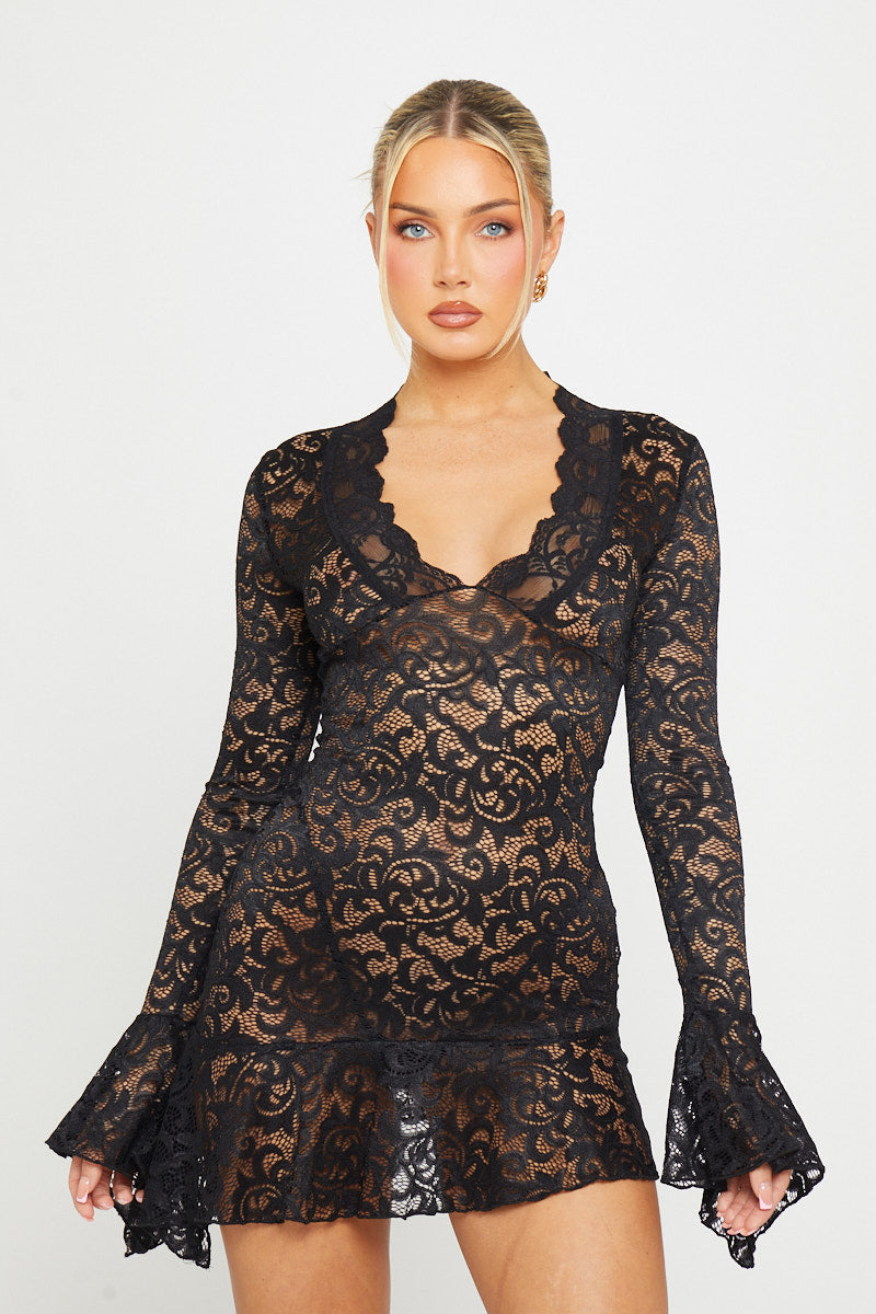 Valantomode | Elegant Black Sheer Lace Mini Dress with Flared Sleeves