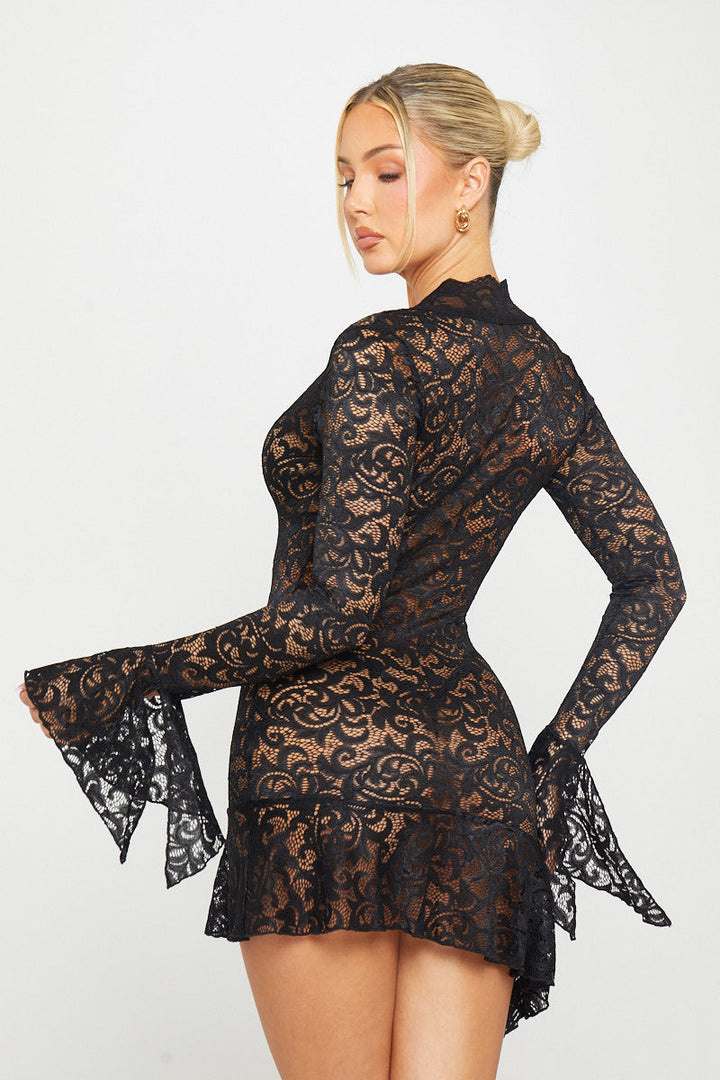 Valantomode | Elegant Black Sheer Lace Mini Dress with Flared Sleeves