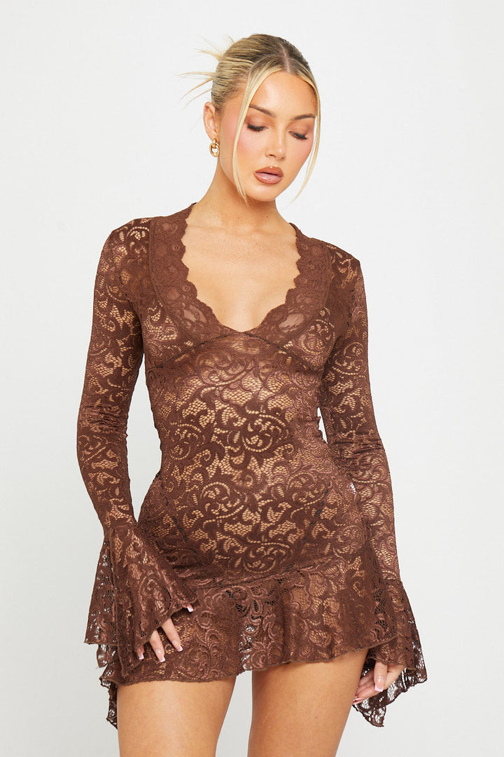Valantomode | Brown Sheer Lace Mini Dress with Flared Sleeves