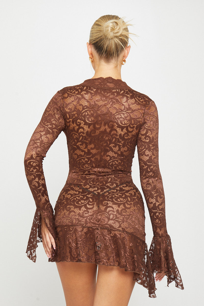 Valantomode | Brown Sheer Lace Mini Dress with Flared Sleeves