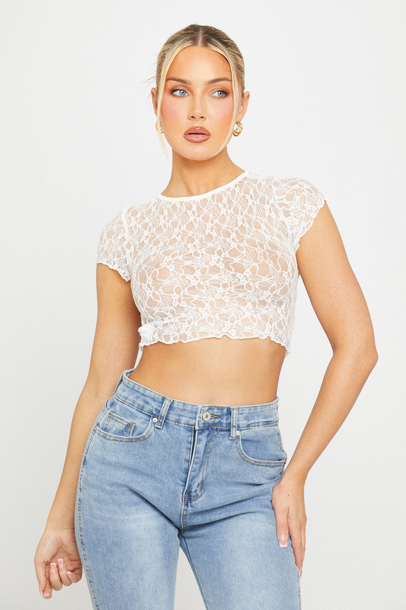 Valantomode | Elegant White Sheer Lace Crop Top with Short Sleeves