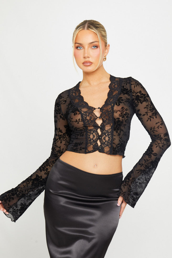 Valantomode | Sheer Floral Plunge Top with Flared Sleeves