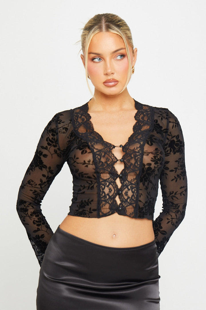 Valantomode | Sheer Floral Plunge Top with Flared Sleeves