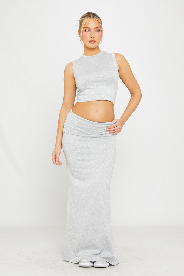 Valantomode | Chic Light Grey Sleeveless Top & Maxi Skirt Set