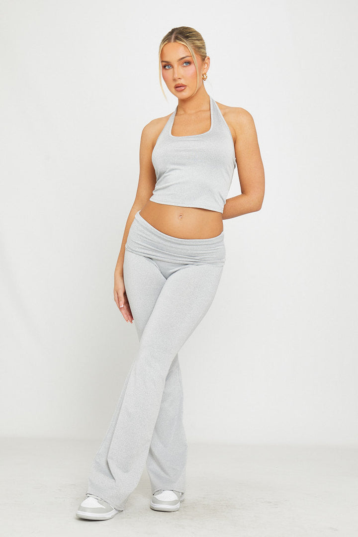 Valantomode | Chic Light Grey Halterneck Top & Flared Leggings Set