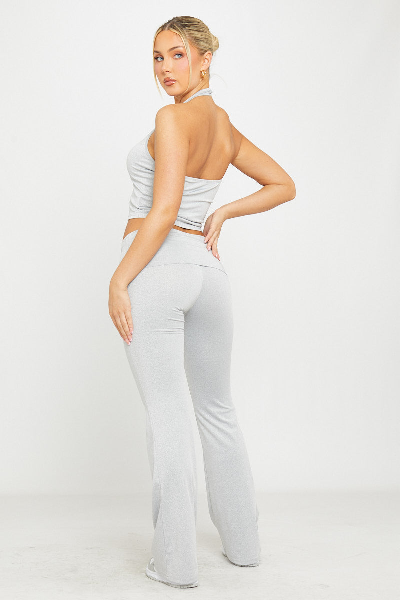 Valantomode | Chic Light Grey Halterneck Top & Flared Leggings Set