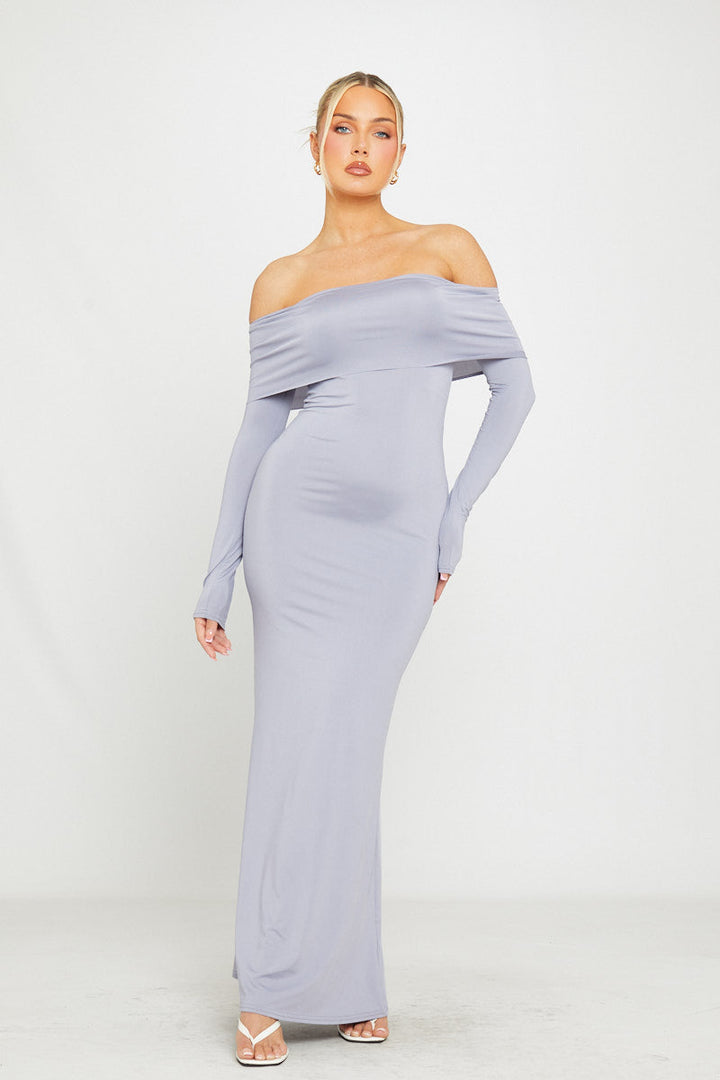 Valantomode | Chic Grey Off-Shoulder Long Sleeve Maxi Dress