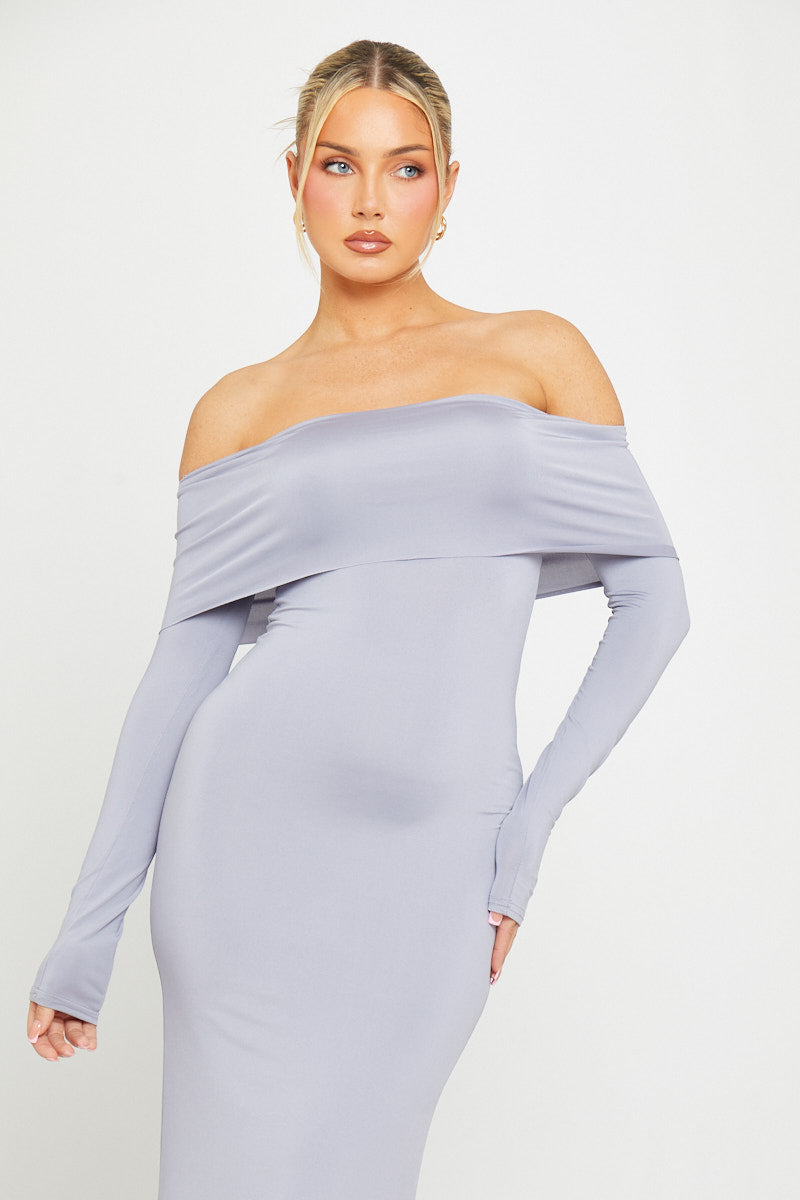 Valantomode | Chic Grey Off-Shoulder Long Sleeve Maxi Dress