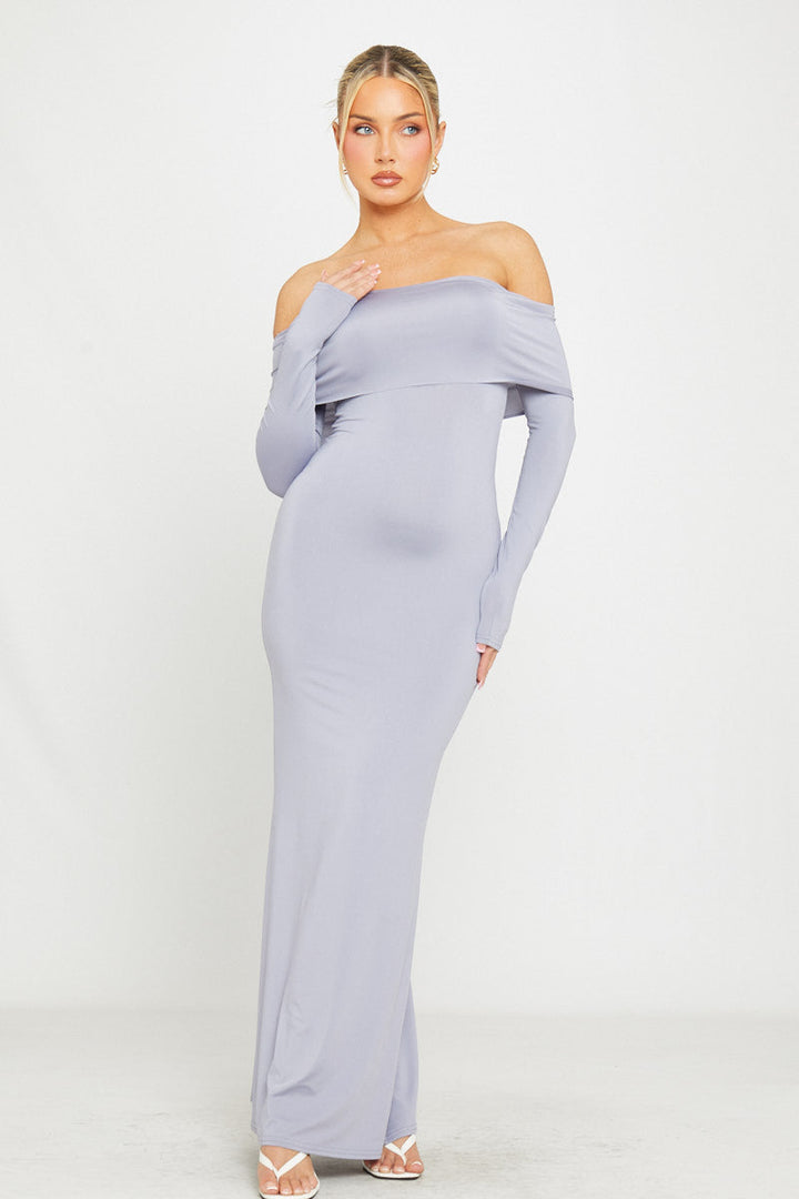 Valantomode | Chic Grey Off-Shoulder Long Sleeve Maxi Dress