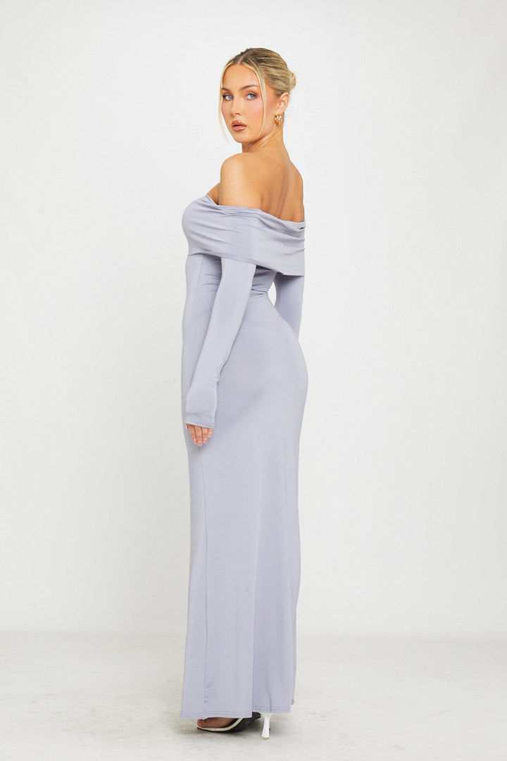 Valantomode | Chic Grey Off-Shoulder Long Sleeve Maxi Dress