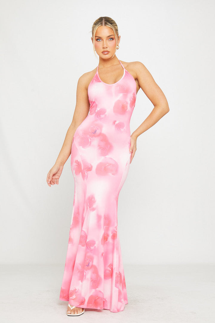 Valantomode | Chic Pink Floral Halterneck Open Back Maxi Dress