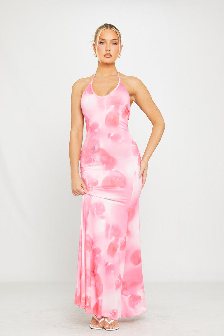 Valantomode | Chic Pink Floral Halterneck Open Back Maxi Dress