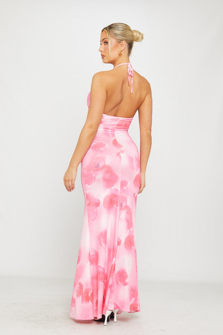Valantomode | Chic Pink Floral Halterneck Open Back Maxi Dress