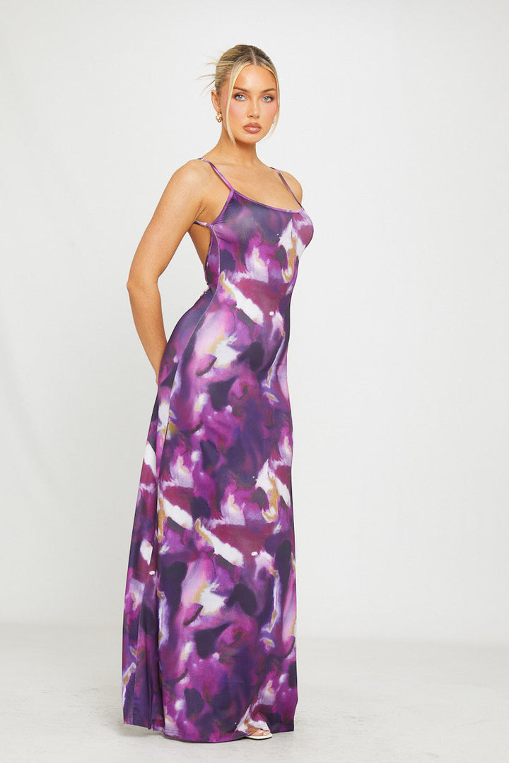Valantomode | Elegant Purple Floral Backless Maxi Dress with Strappy Design