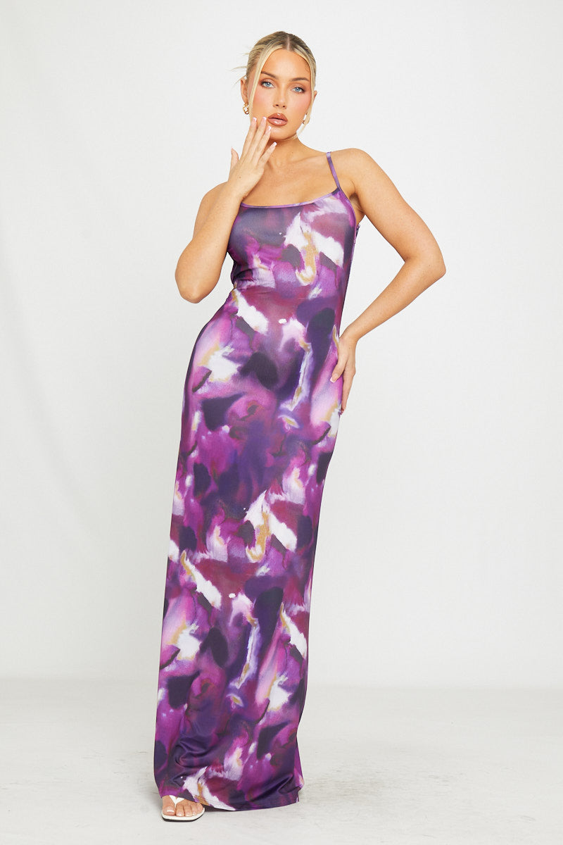 Valantomode | Elegant Purple Floral Backless Maxi Dress with Strappy Design