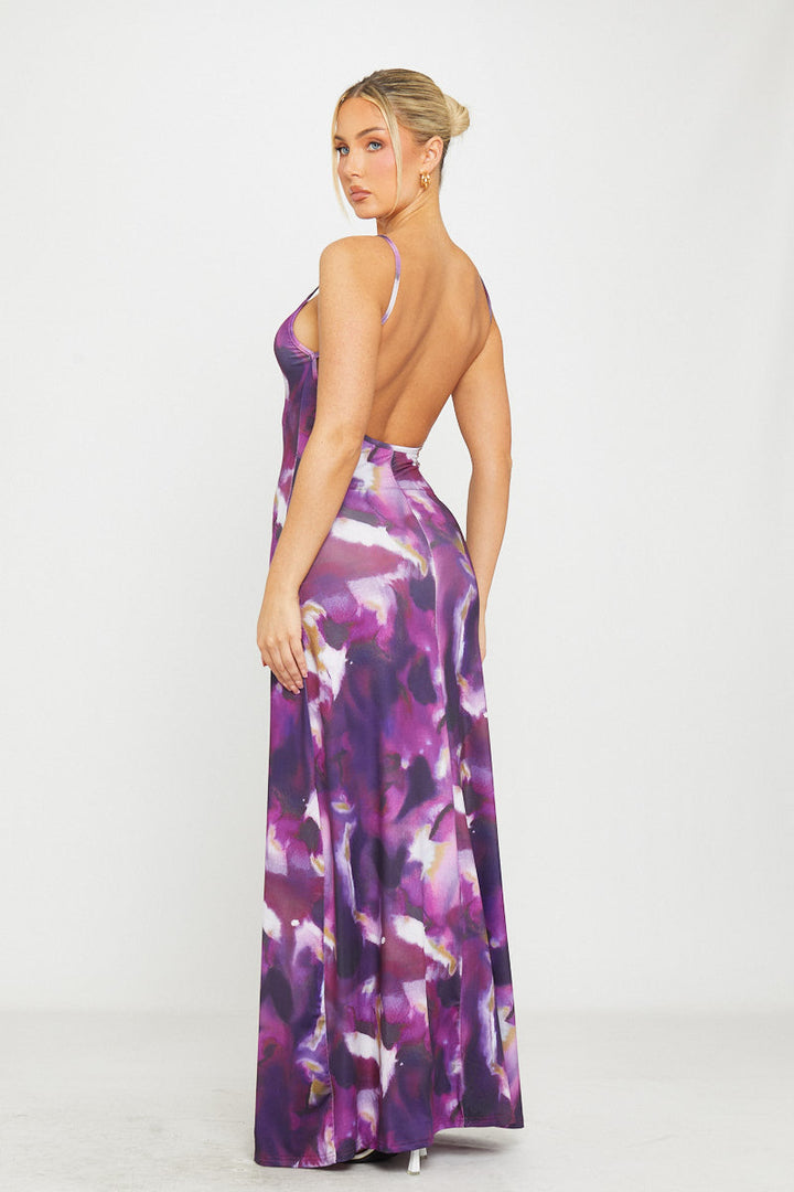 Valantomode | Elegant Purple Floral Backless Maxi Dress with Strappy Design