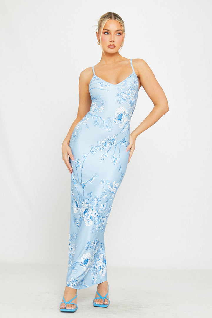 Valantomode | Strappy Plunge Maxi Dress in Blue Floral Print