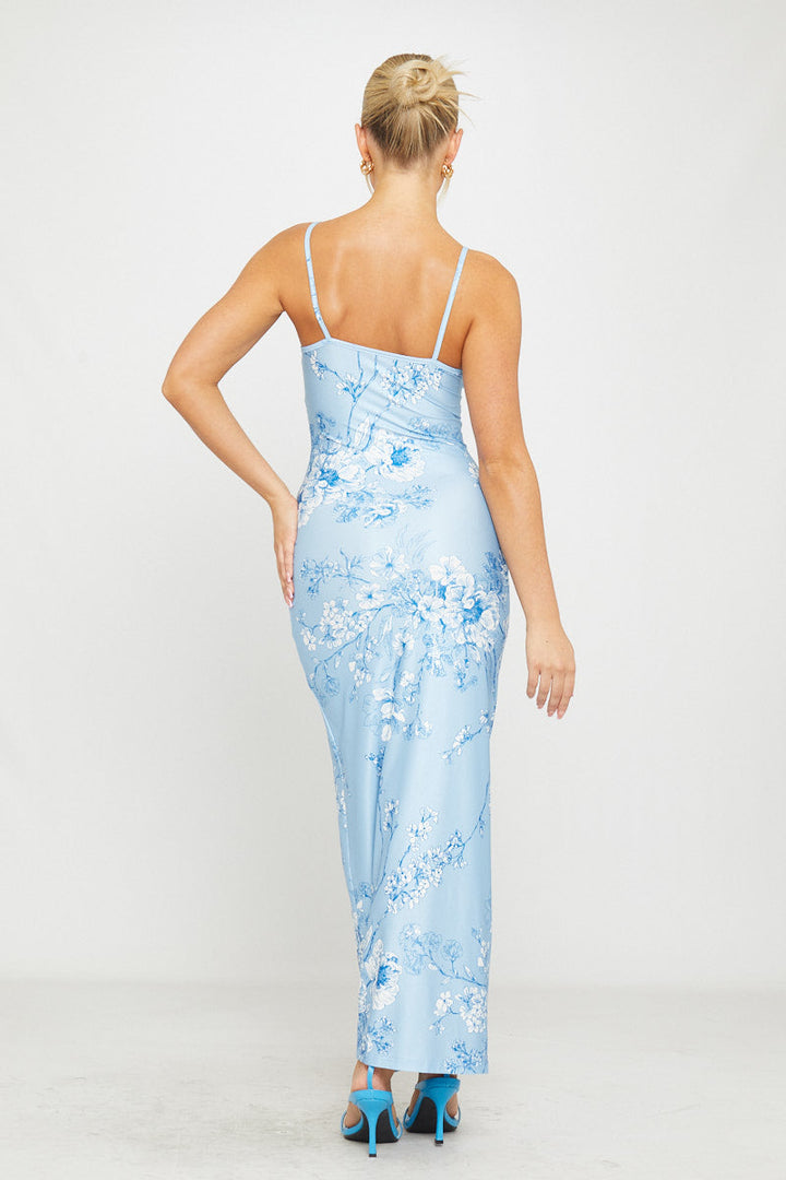 Valantomode | Strappy Plunge Maxi Dress in Blue Floral Print