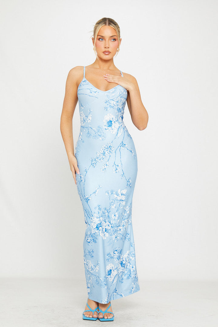 Valantomode | Strappy Plunge Maxi Dress in Blue Floral Print