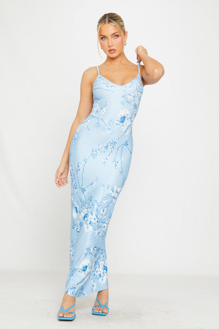 Valantomode | Strappy Plunge Maxi Dress in Blue Floral Print