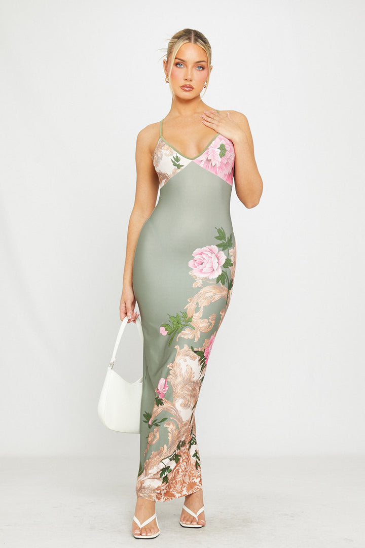 Valantomode | Strappy Green Floral Plunge Maxi Dress for Effortless Elegance