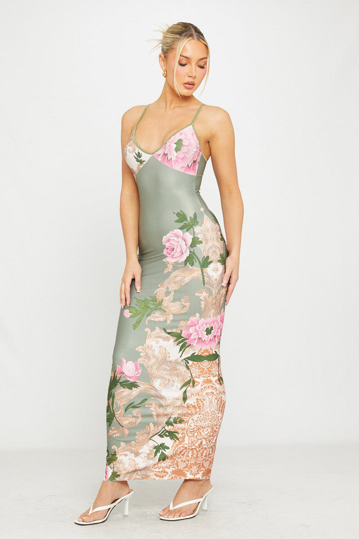 Valantomode | Strappy Green Floral Plunge Maxi Dress for Effortless Elegance