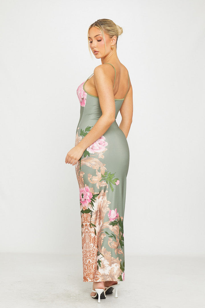 Valantomode | Strappy Green Floral Plunge Maxi Dress for Effortless Elegance