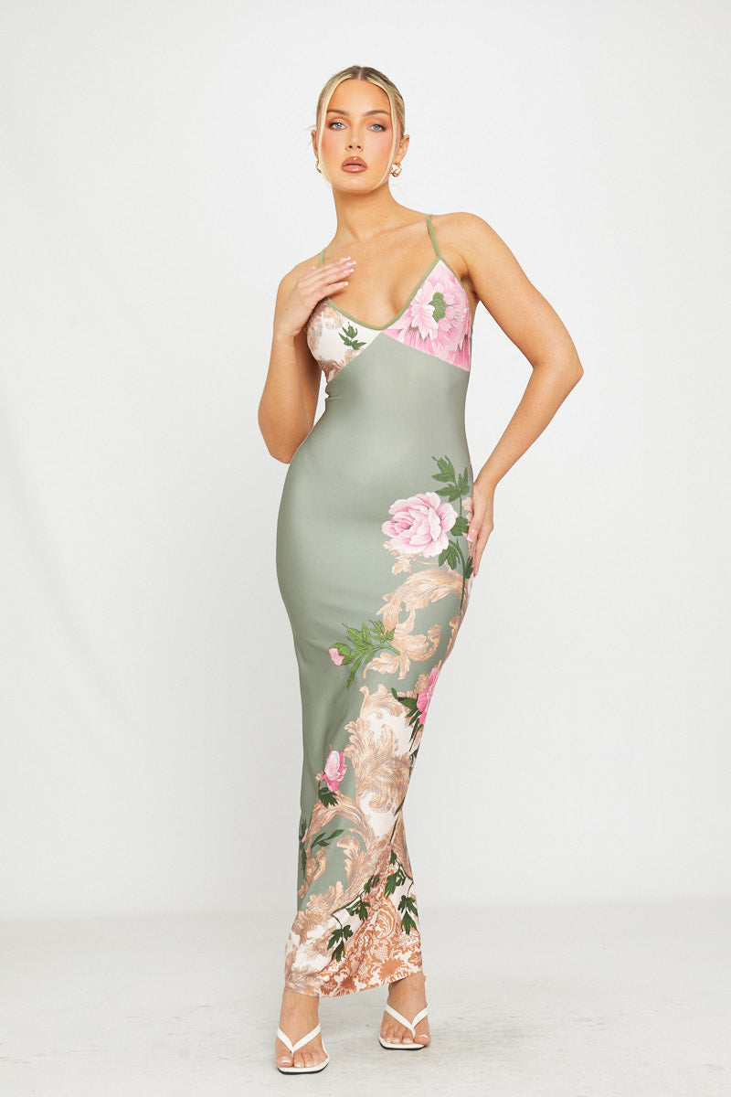 Valantomode | Strappy Green Floral Plunge Maxi Dress for Effortless Elegance
