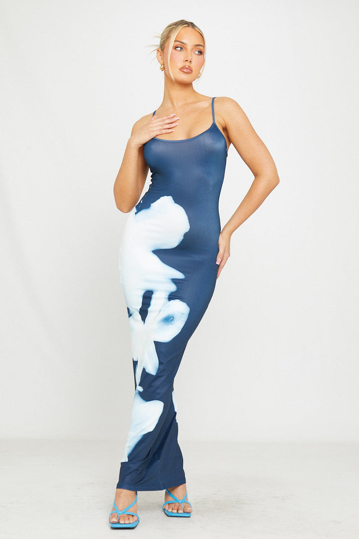 Valantomode | Elegant Blue Floral Bodycon Maxi Dress with Strappy Design