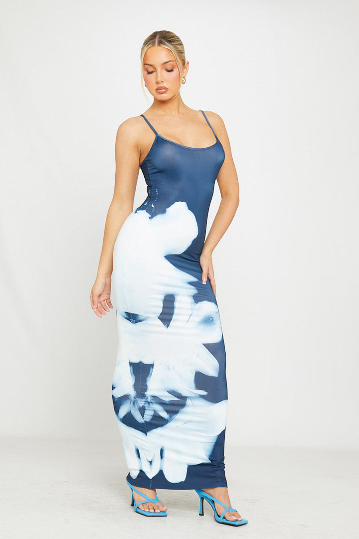 Valantomode | Elegant Blue Floral Bodycon Maxi Dress with Strappy Design