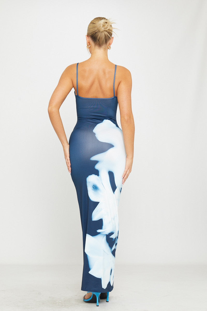 Valantomode | Elegant Blue Floral Bodycon Maxi Dress with Strappy Design
