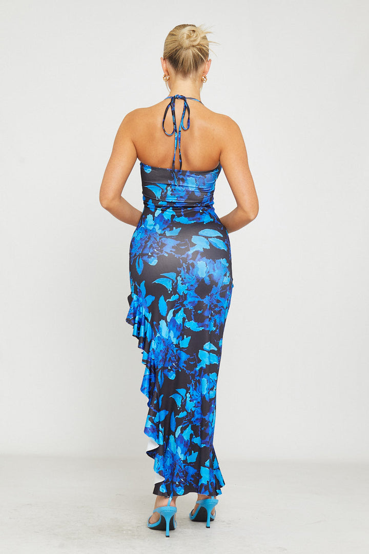 Valantomode | Chic Blue Floral Ruffle Halter Tie Maxi Dress